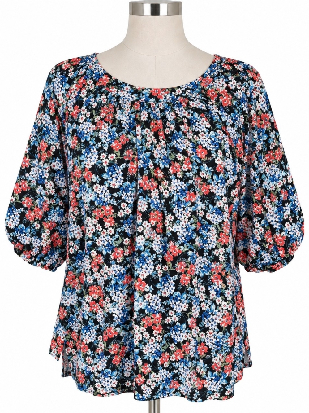Karen Kane Women’s L Black Floral Pleated Balloon Sleeve Blouse Top